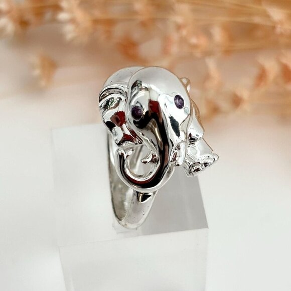 Amethyst Gemstone Eyes Elephant Polished Sterling Silver Vintage Ring - 6.75 - Picture 1 of 10